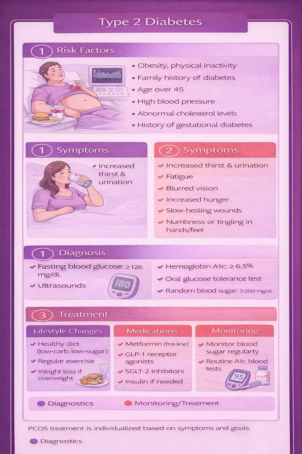 Blood glucose monitoring schedule and ACOG targets visual - fasting, 1-hour and 2-hour postprandial targets displayed on a daily timeline